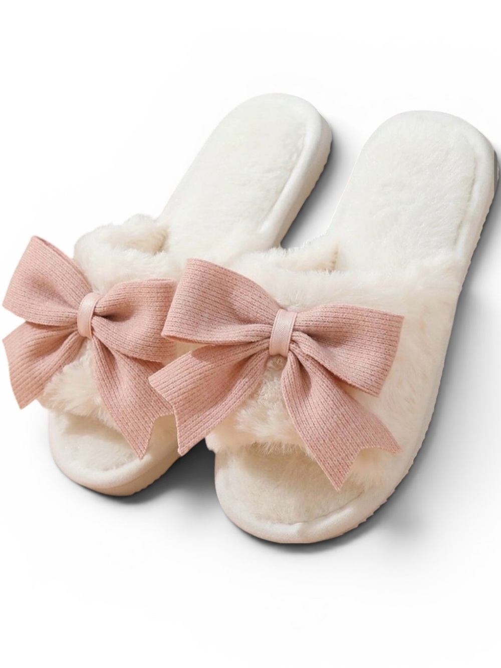 White Faux Fur Pink Bow Slippers | Plush Open Toe Slides | Women’s US 8.5-9
